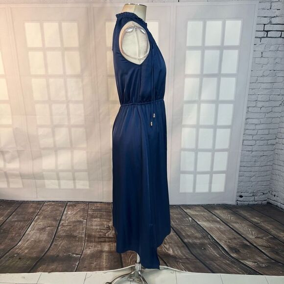 Derek Lam Sleeveless Cinched Pleated Neckline Tassel Blue Satin Midi Dress Sz 4 - Picture 3 of 9